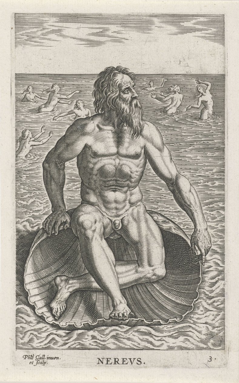 Dieu de la mer Nérée (Rivier- en zeegoden, Semideorum Marinorum amnicorumque sigillariae imagines perelegantes) - Philips Galle