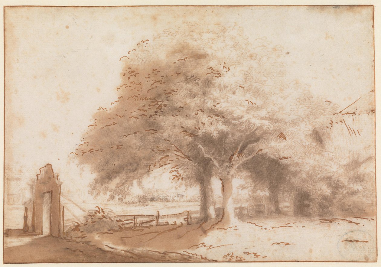 De grands arbres devant une ferme - Philips Koninck