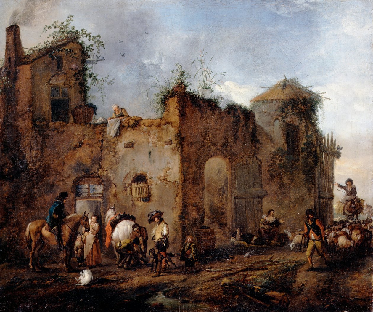 Cour avec un maréchal ferrant ferrant un cheval - Philips Wouwerman