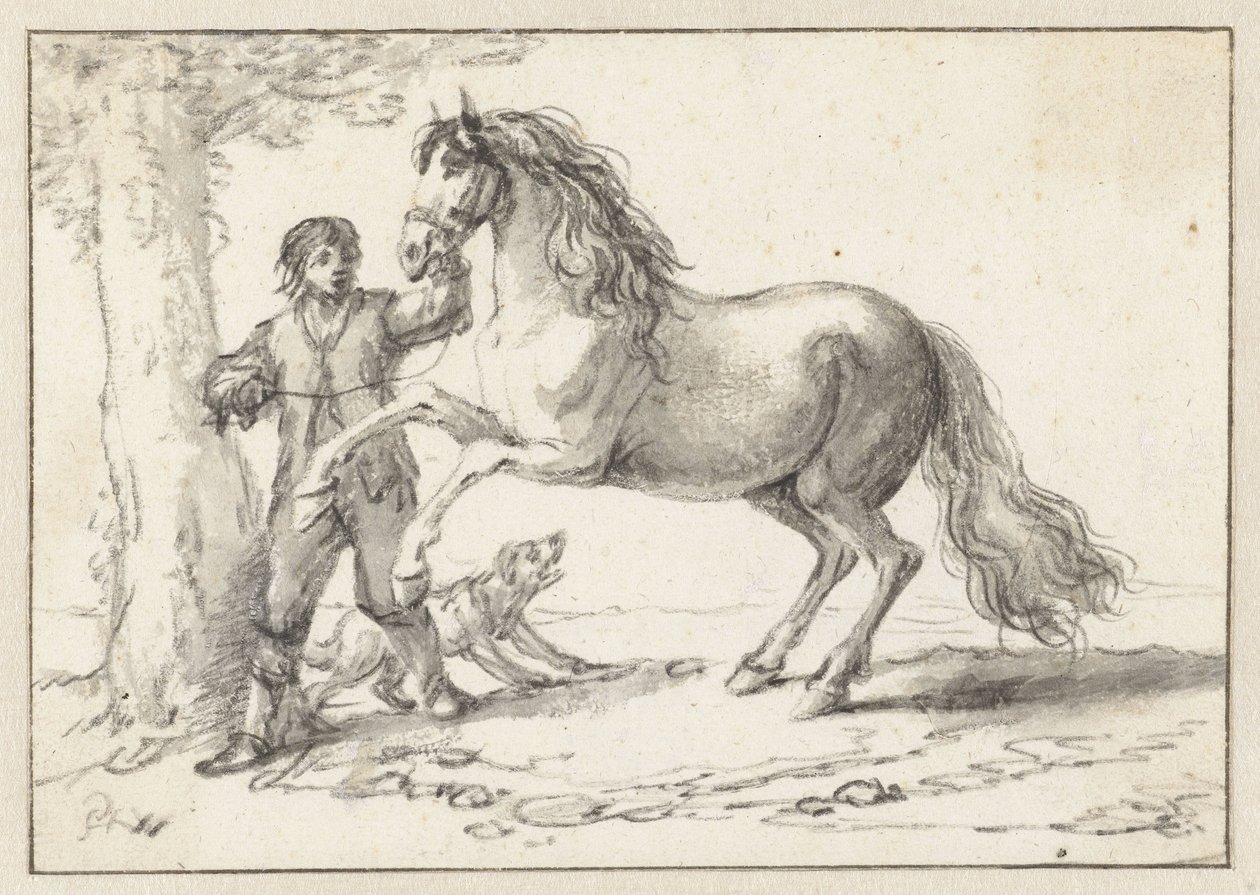 Jeune homme tenant un cheval cabré par la bride, effrayé par un chien aboyant - Philips Wouwerman