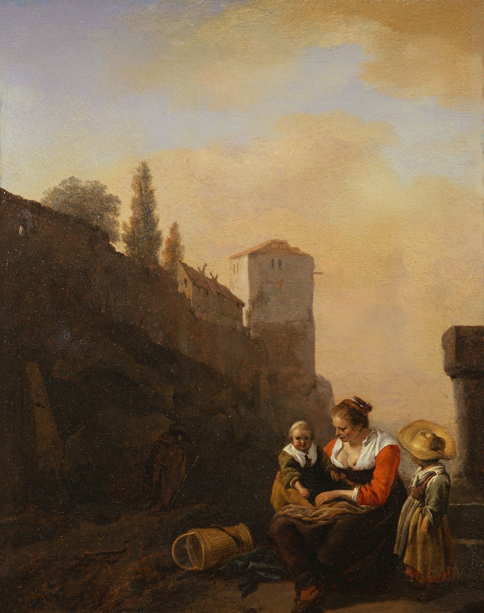 Un paysan et deux enfants se reposant devant une tour en Italie - Philips Wouwermans or Wouvermans