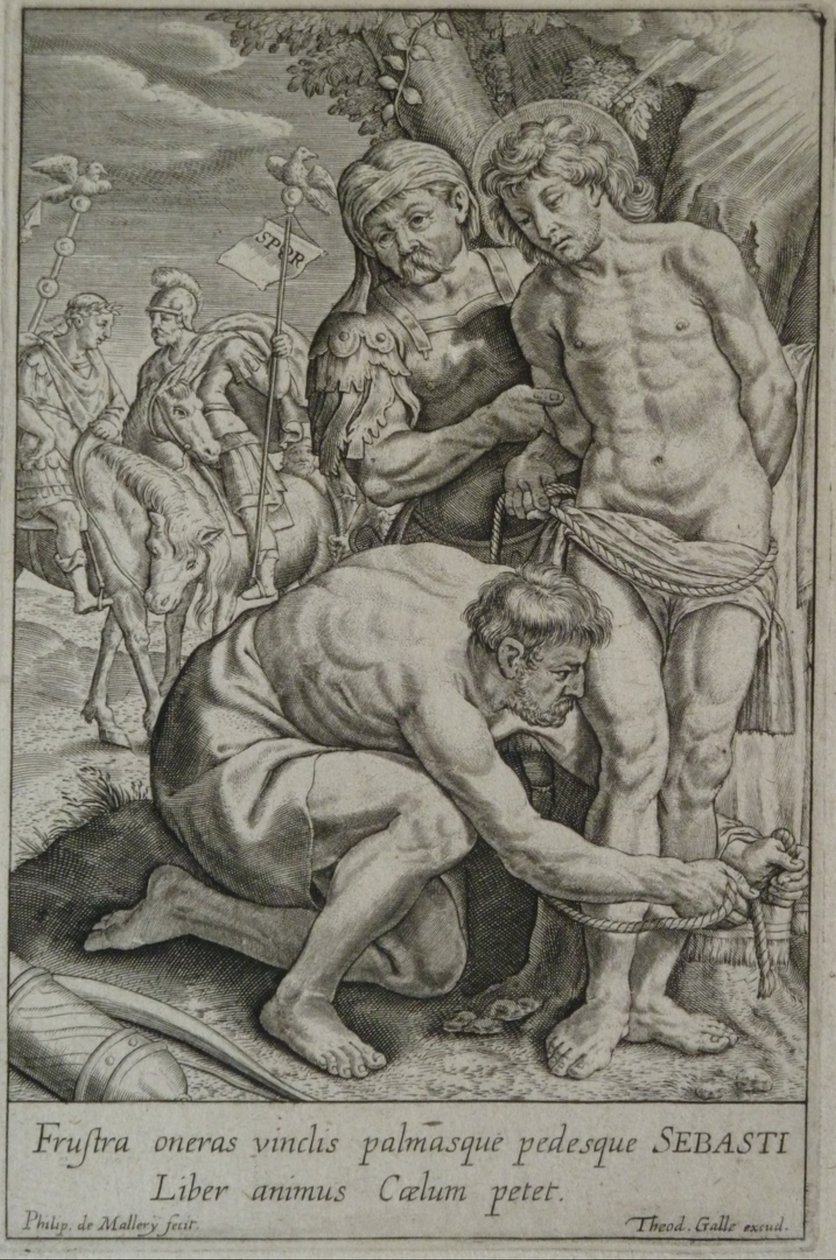 Saint Sébastien est attaché à un arbre par deux soldats - Philips van Mallery