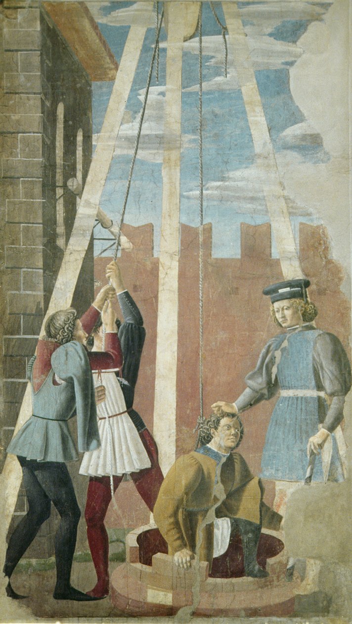 Torture du Juif : Judas tiré du puits, du Cycle de la Vraie Croix, complété en 1464 - Piero della Francesca