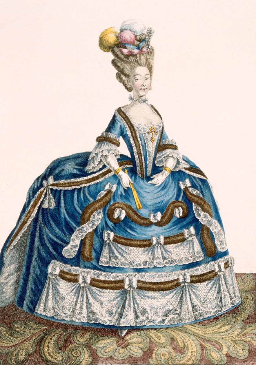 Robe de cour élaborée pour dame, décorée de guirlandes et de dentelles, gravée par Voysard, planche no.46 de 