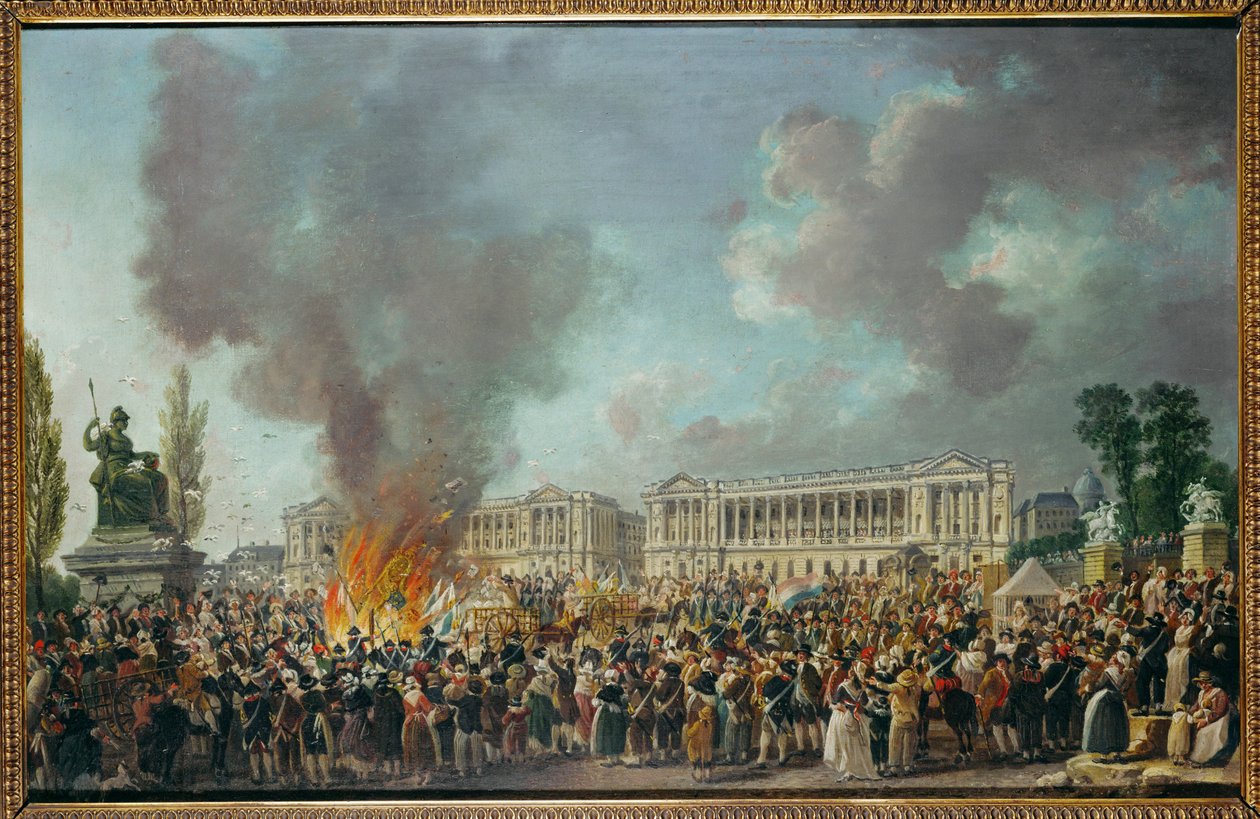 Les emblèmes de la monarchie sont brûlés sur la place de la Concorde ... - Pierre Antoine (attr. to) Demachy