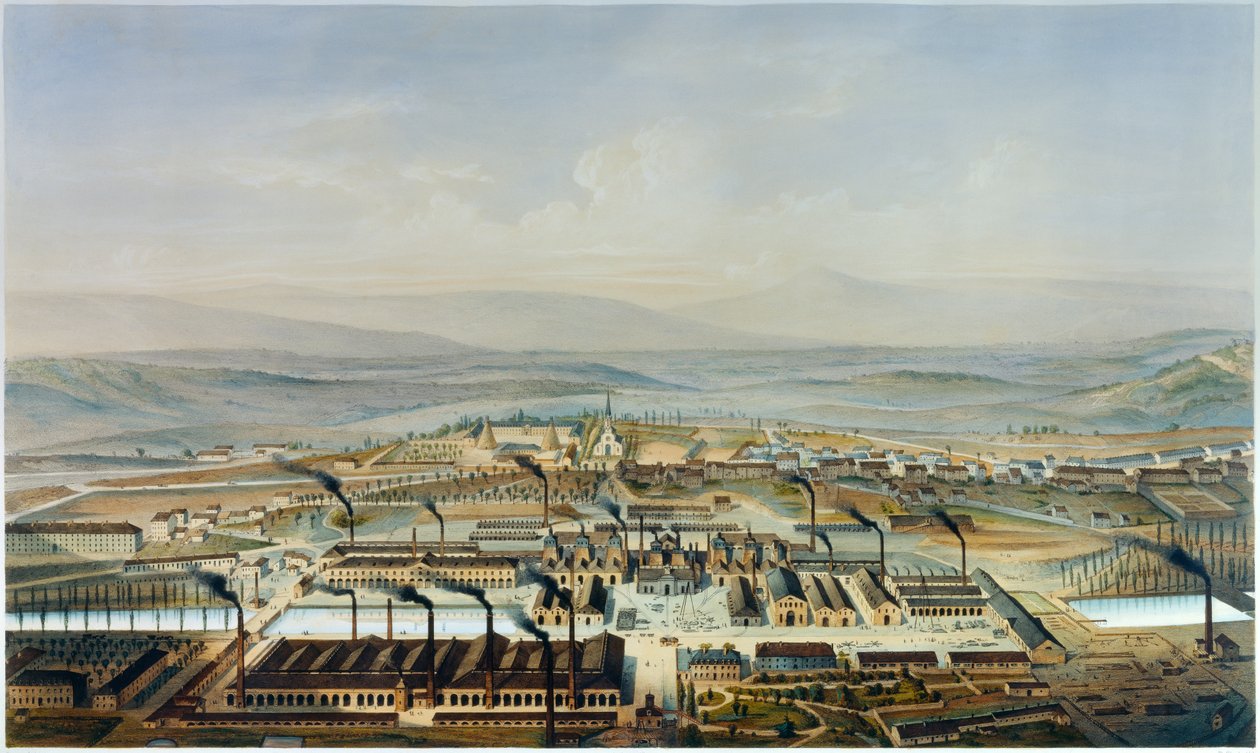 Vue des ateliers du Creusot et du Château de la Verrerie, lithographie d