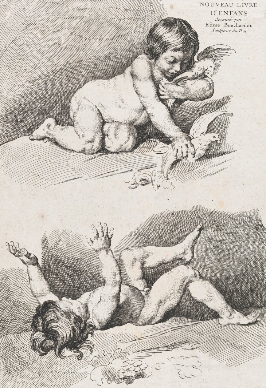 Deux enfants nus jouant avec une feuille, du Nouveau Livre des Enfants, 1720-60 - Pierre Alexandre Aveline