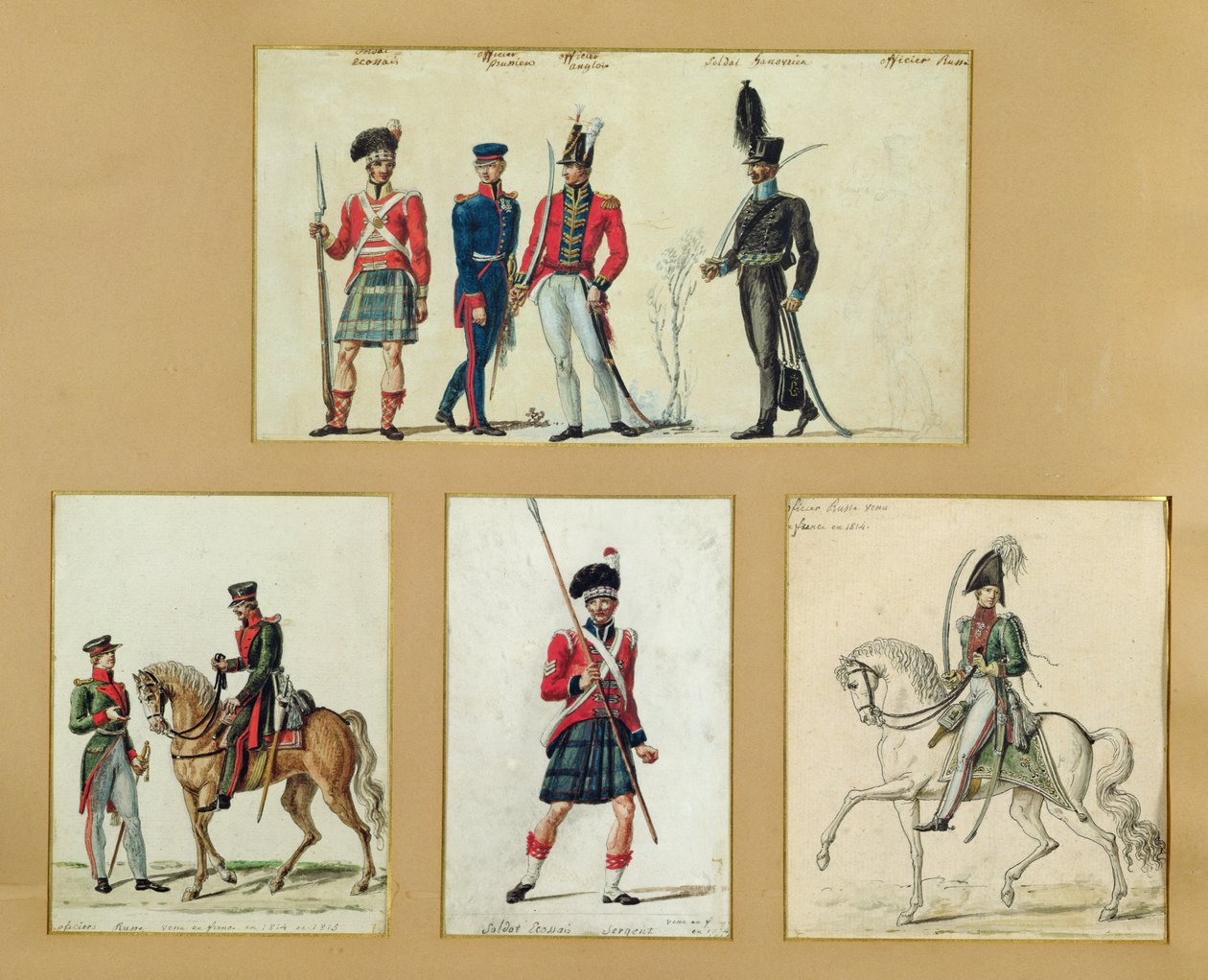 Les uniformes des soldats écossais et des officiers prussiens, anglais, hanovriens et russes en 1814 - Pierre Antoine Lesueur