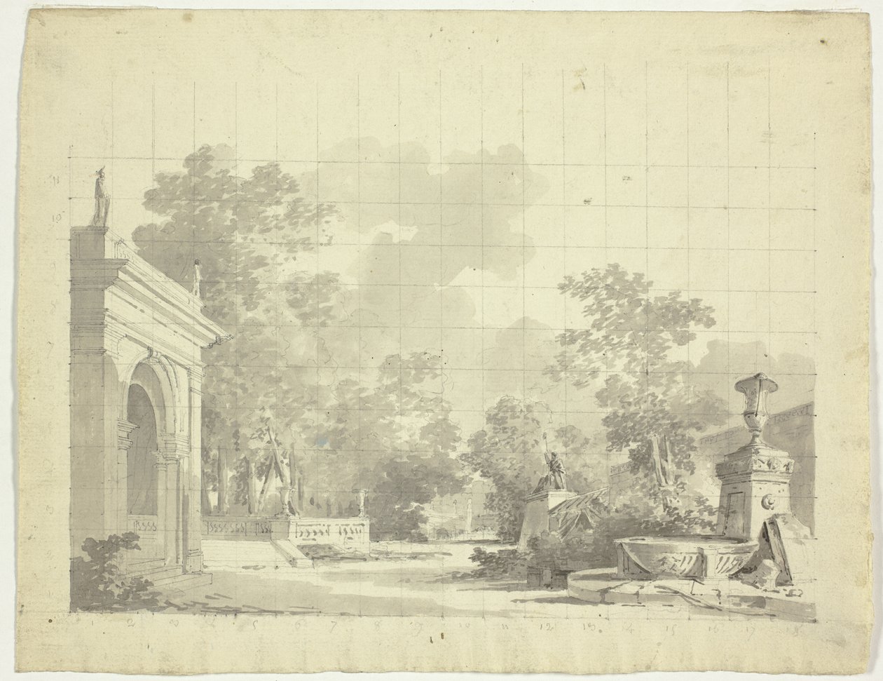 Vue du parc de Versailles : Entrée voûtée d
