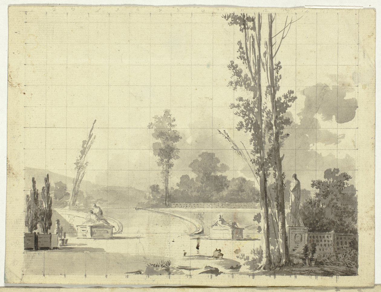 Vue du parc de Versailles : Escalier et deux peupliers - Pierre Antoine Mongin