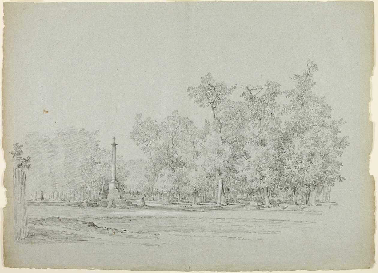 Vue du parc de Versailles : Paysage avec colonne commémorative et bosquet d