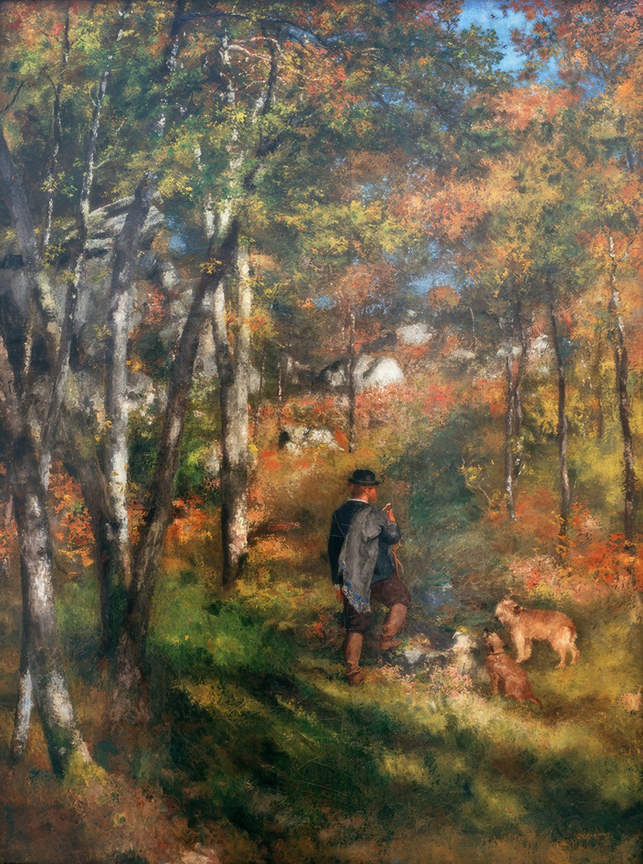 Le peintre Jules Le Coeur et ses chiens dans la forêt de Fontainebleau - Pierre Auguste Renoir