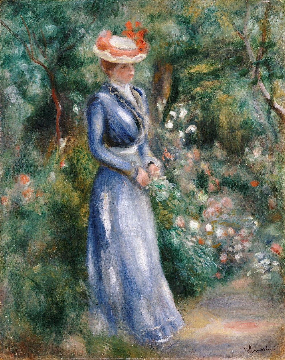 Femme en robe bleue debout dans le jardin à Saint-Cloud - Pierre Auguste Renoir