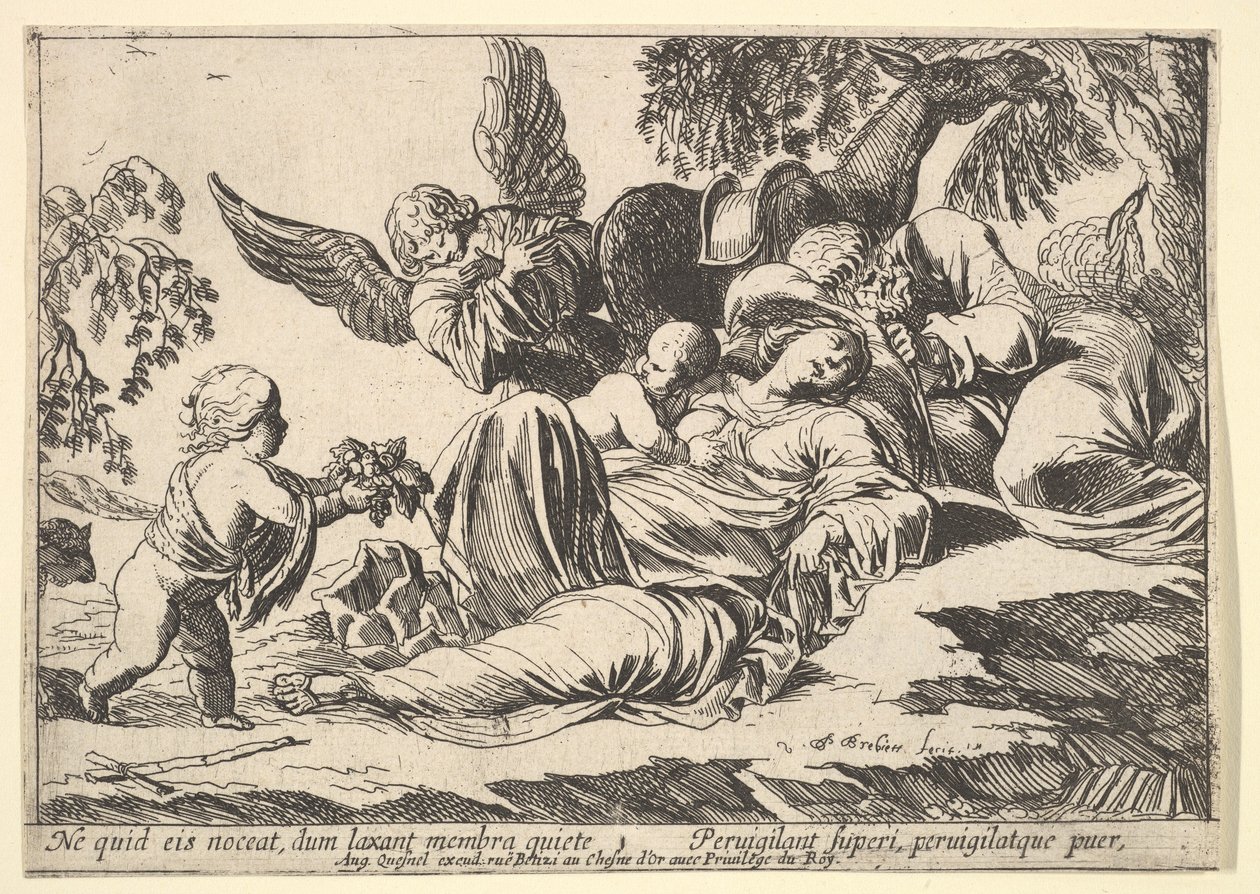 Anges donnant des fruits à la Sainte Famille endormie, 1610-42 - Pierre Brebiette