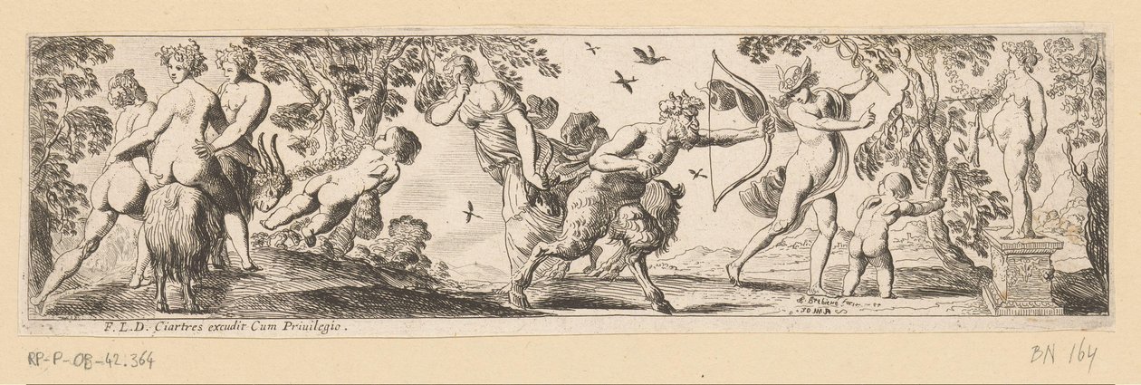 Satyre tirant une flèche sur une statue de Bacchus tandis que Mercure regarde - Pierre Brebiette