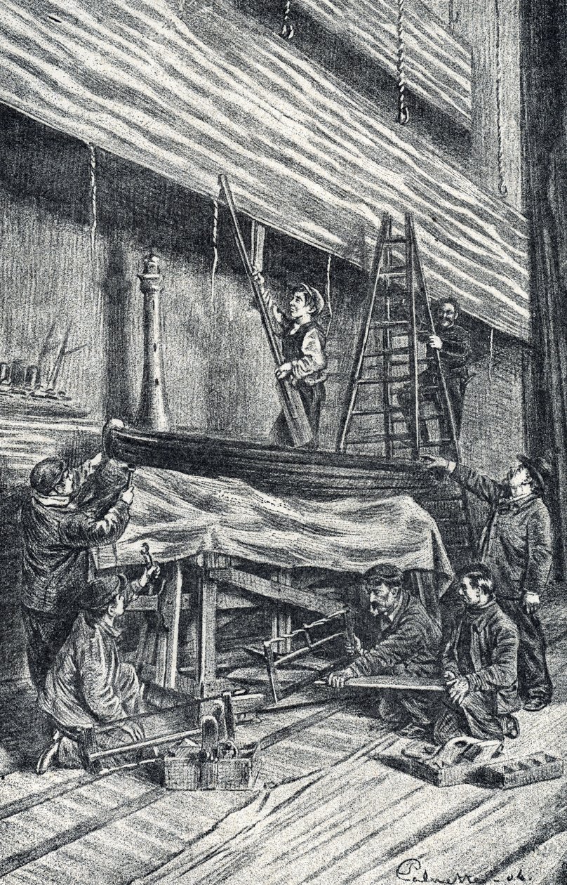 Maîtres de propriété : installation des décors avant la représentation Gravure de « Excursion à travers les métiers » par Pierre Calmette Collection privée - Pierre Calmettes