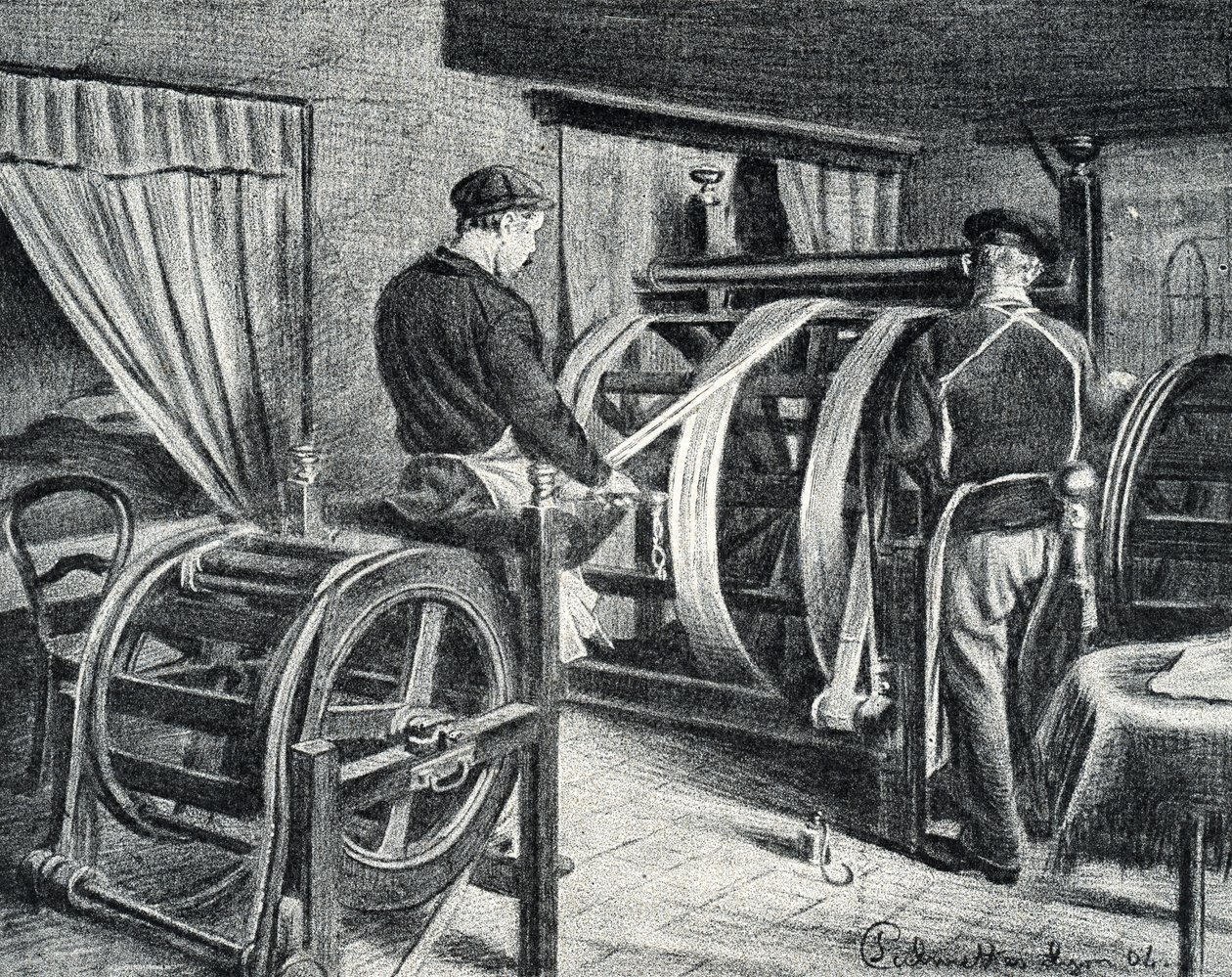 Travail de la soie: déroulage de la soie gravure de « Excursion à travers les métiers » par Pierre Calmette Collection privée - Pierre Calmettes