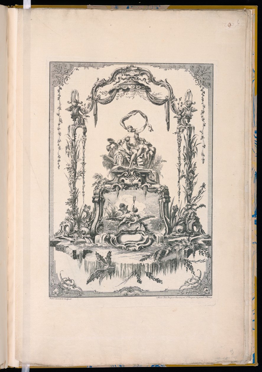 Panneau ornemental avec un double cartouche montrant Vénus ou Thétis avec ses nymphes et une fontaine - Pierre Edme Babel