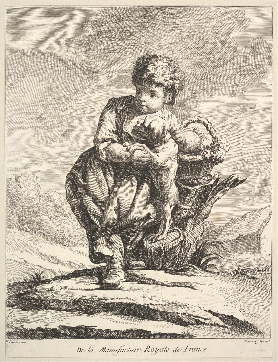 Enfant avec un chien, tenant un panier de raisins, de Premier Livre de Figures - Pierre Etienne Falconet