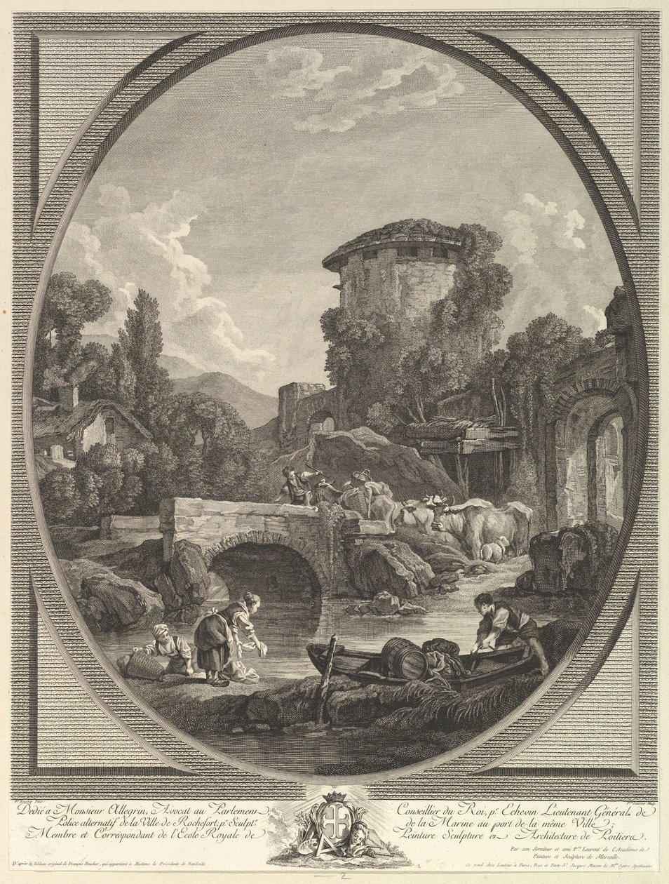 Paysage avec un pont et un pigeonnier, 18e siècle - Pierre Francois Laurent