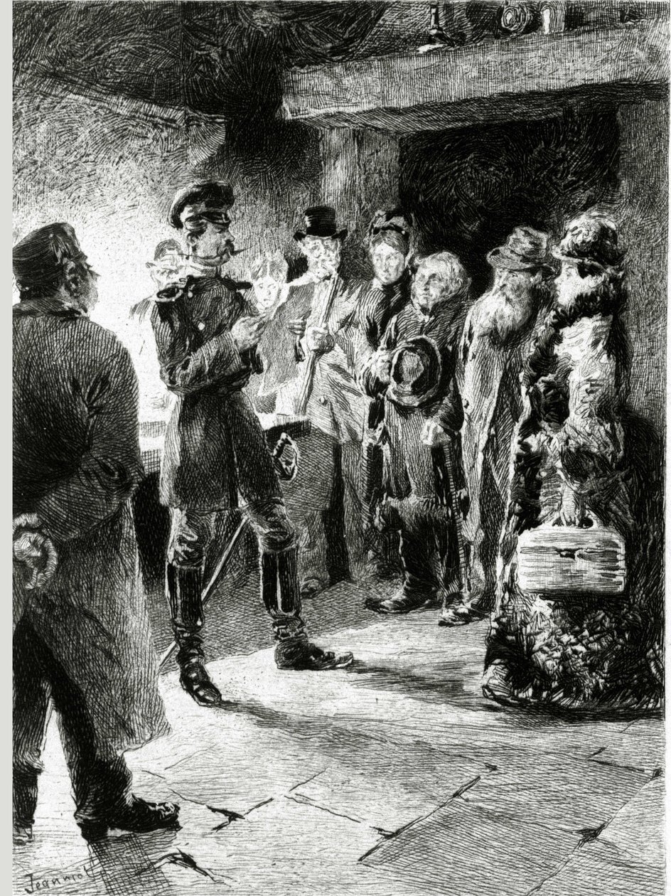 Un officier allemand demande Boule de suif en échange de la liberté de tous les passagers arrêtés dans la diligence. Dans « Boule de suif » de Guy de Maupassant (1850-1893). Illustration de P. G. Jeanniot (1848-1934). Publié chez Ollendorff - Pierre Georges Jeanniot