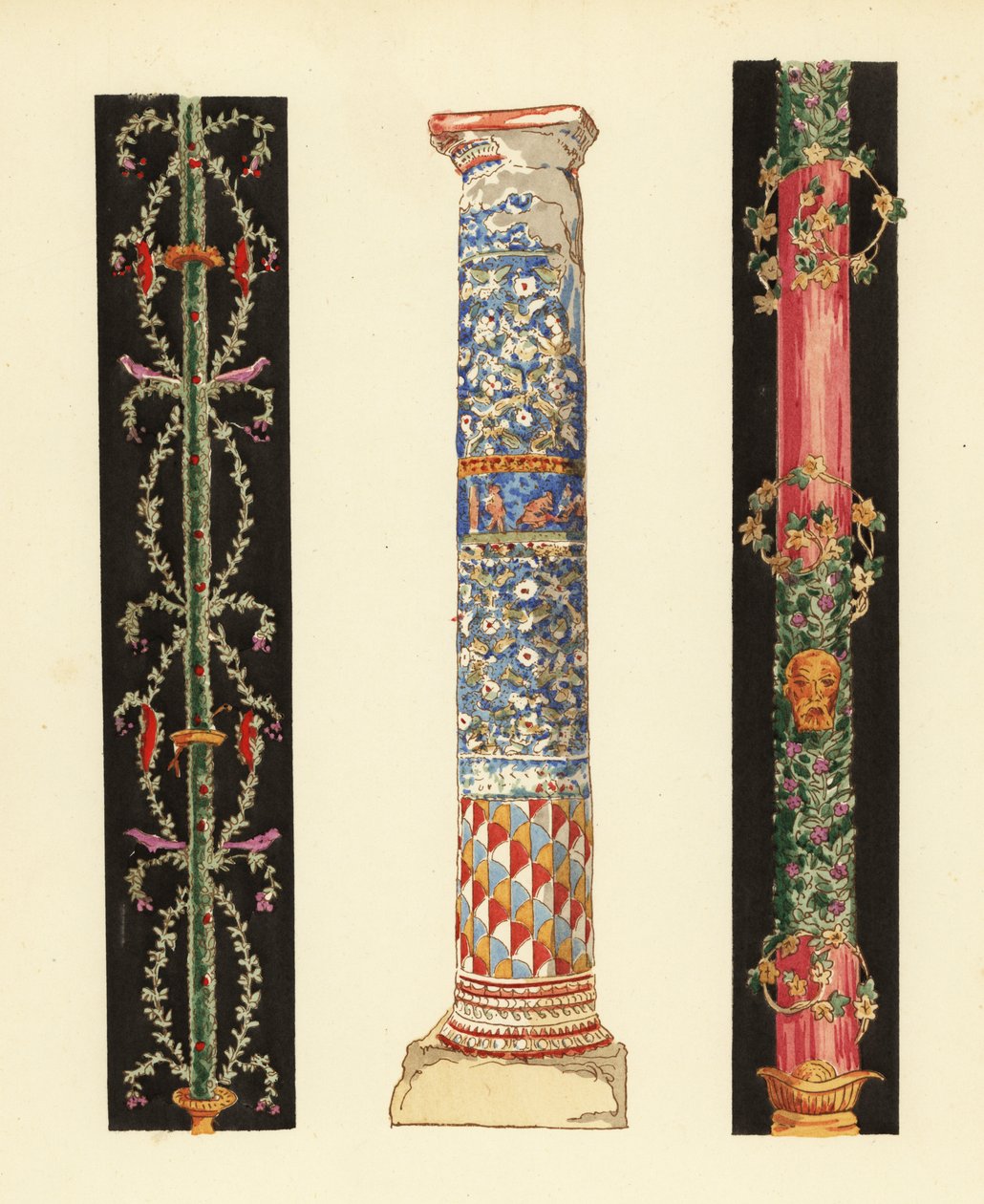 Candélabres décoratifs dans le quatrième style pompéien (1,3) et colonne de mosaïque d