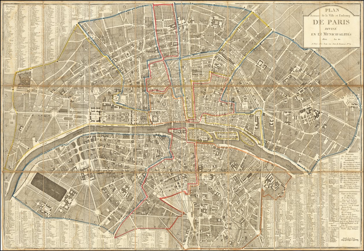 1802 map - Plan Routier de la Ville et Faubourg de Paris Divise en 12 Municipalities - Pierre Jean