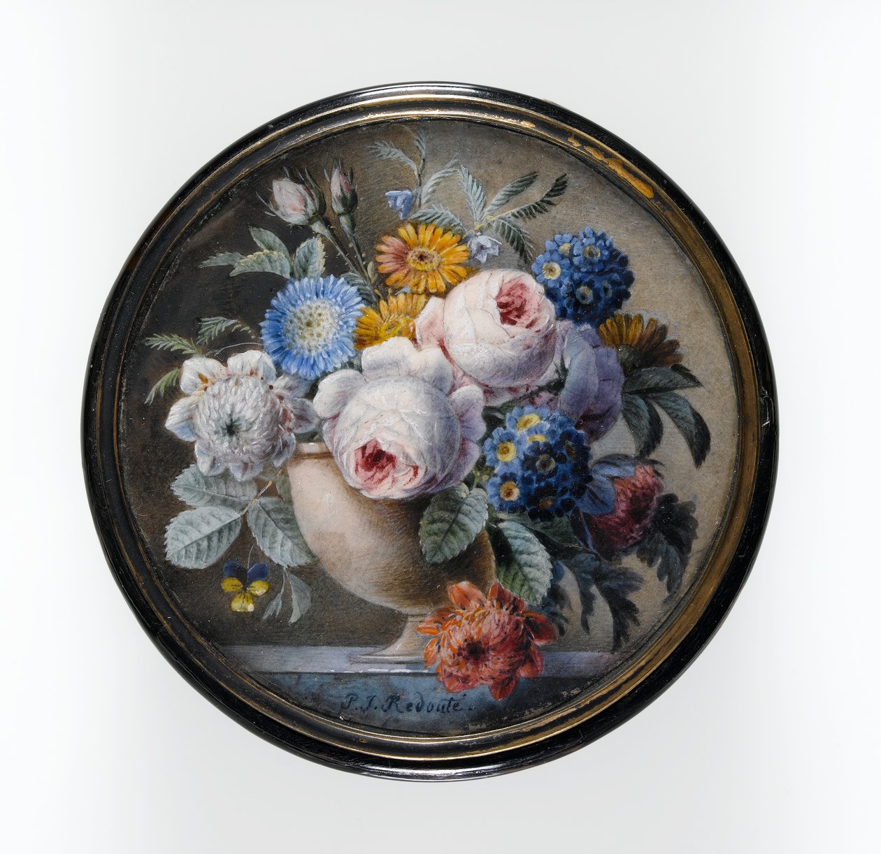 Boîte en écaille avec une miniature de fleurs dans un vase en pierre sur une dalle de marbre, 1827 - Pierre Joseph Redouté