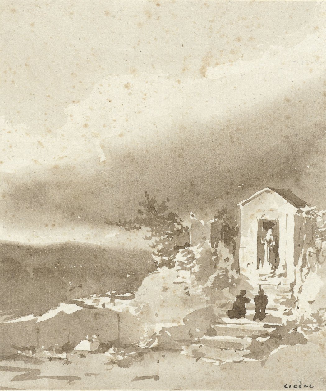 Deux personnes agenouillées sur les marches devant une petite chapelle dans les montagnes - Pierre Luc Charles Ciceri