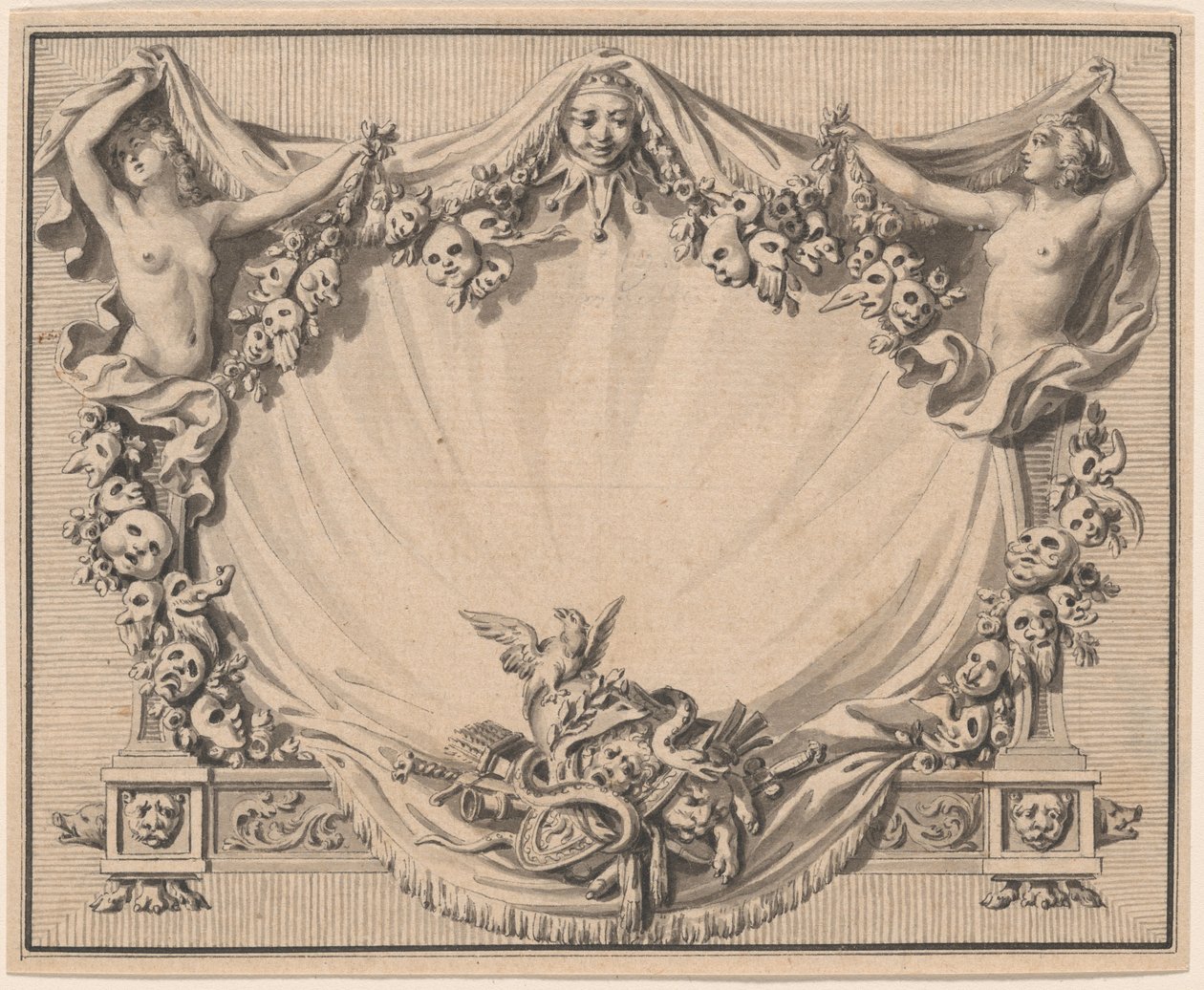 Cartouche avec masques de théâtre - Pierre Philippe Choffard