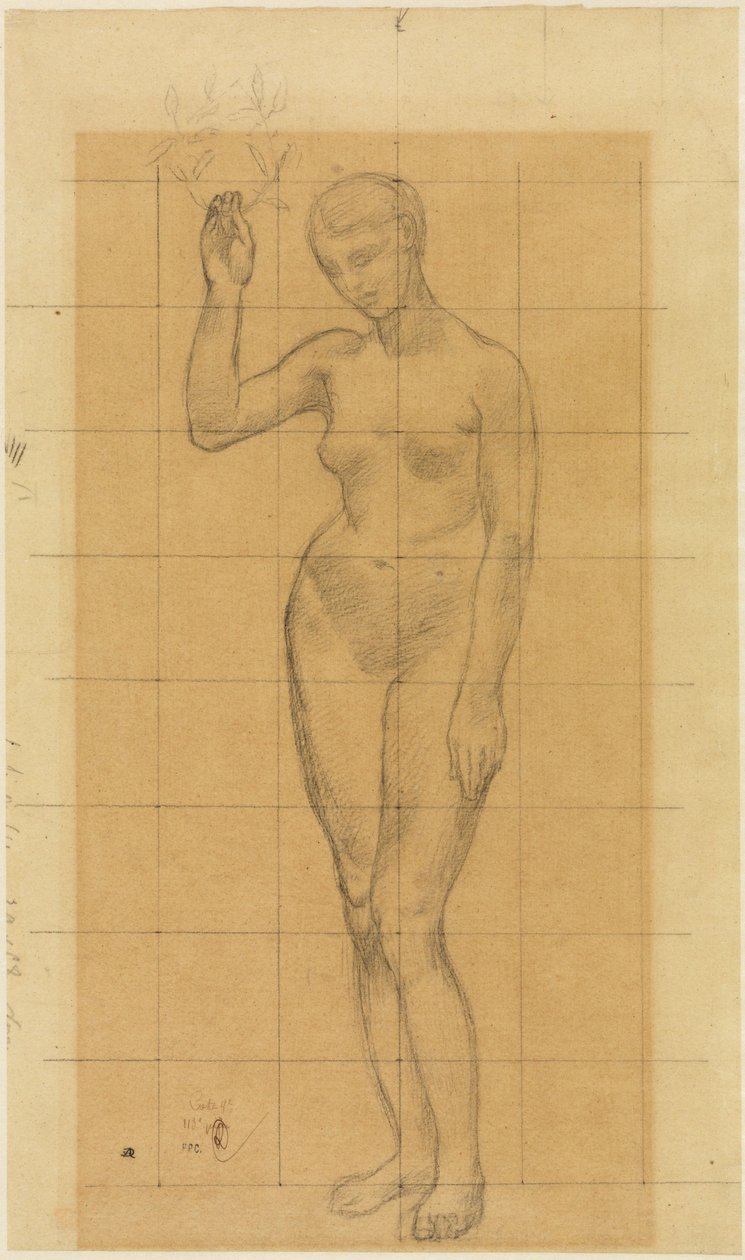 Stehender Frauenakt, schräg nach links, einen Kranz in der erhobenen Rechten - Pierre Puvis de Chavannes