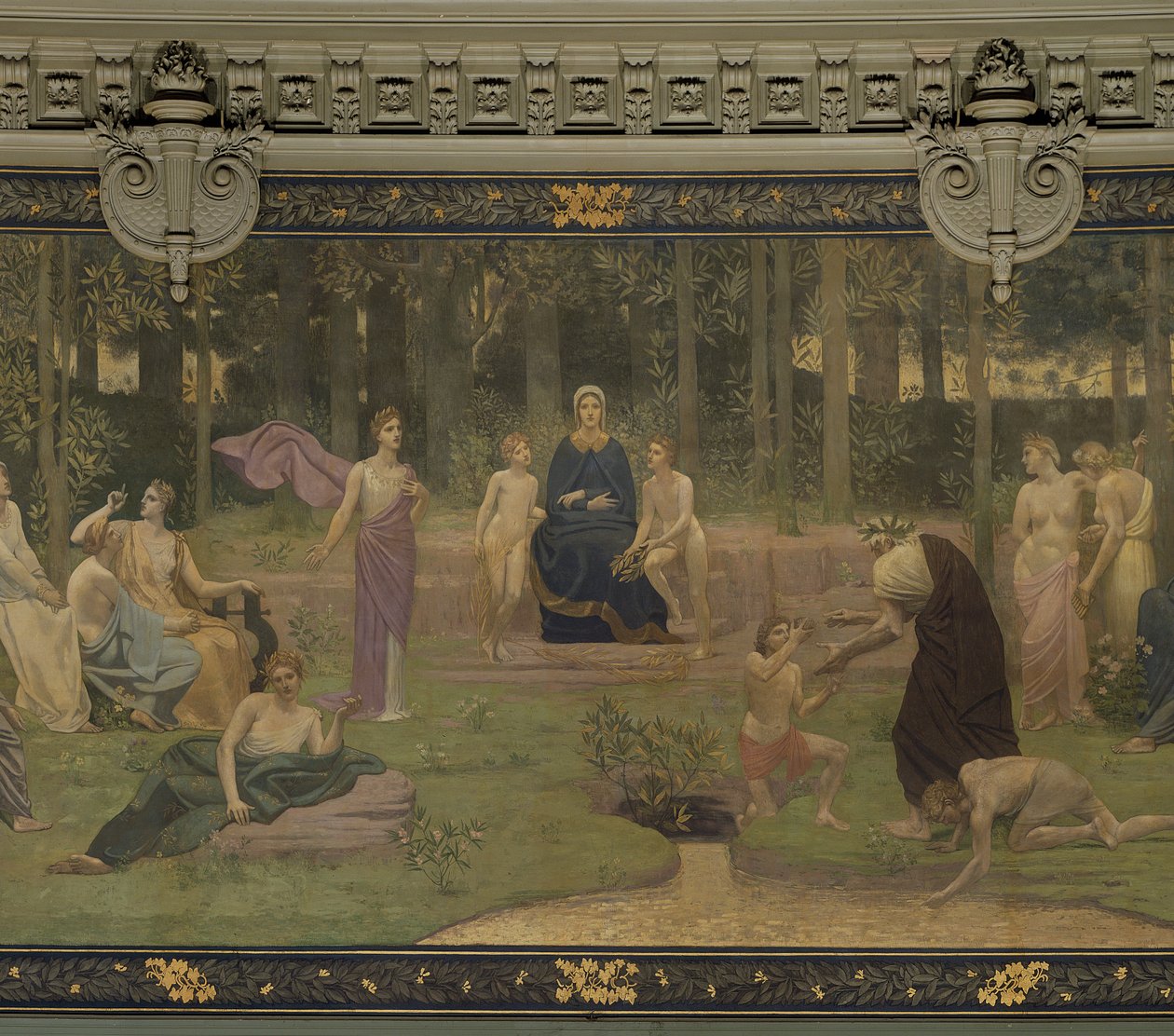 Le Bois Sacré, fresque dans le Grand Amphithéâtre représentant des figures allégoriques de la Sorbonne, Éloquence, Poésie, Philosophie, Histoire, Botanique, Géologie, Physique et Géométrie, 1887-89 (détail) - Pierre Puvis de Chavannes
