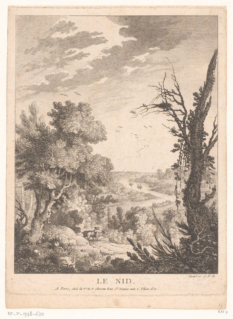 Paysage avec cerfs, lapins et oiseaux avec une rivière en arrière-plan - Pierre Quentin Chedel