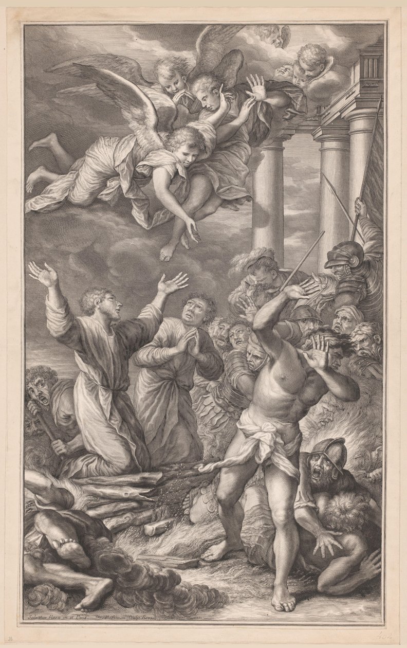 Cosmas et Damianus sur le bûcher, entourés de soldats et d