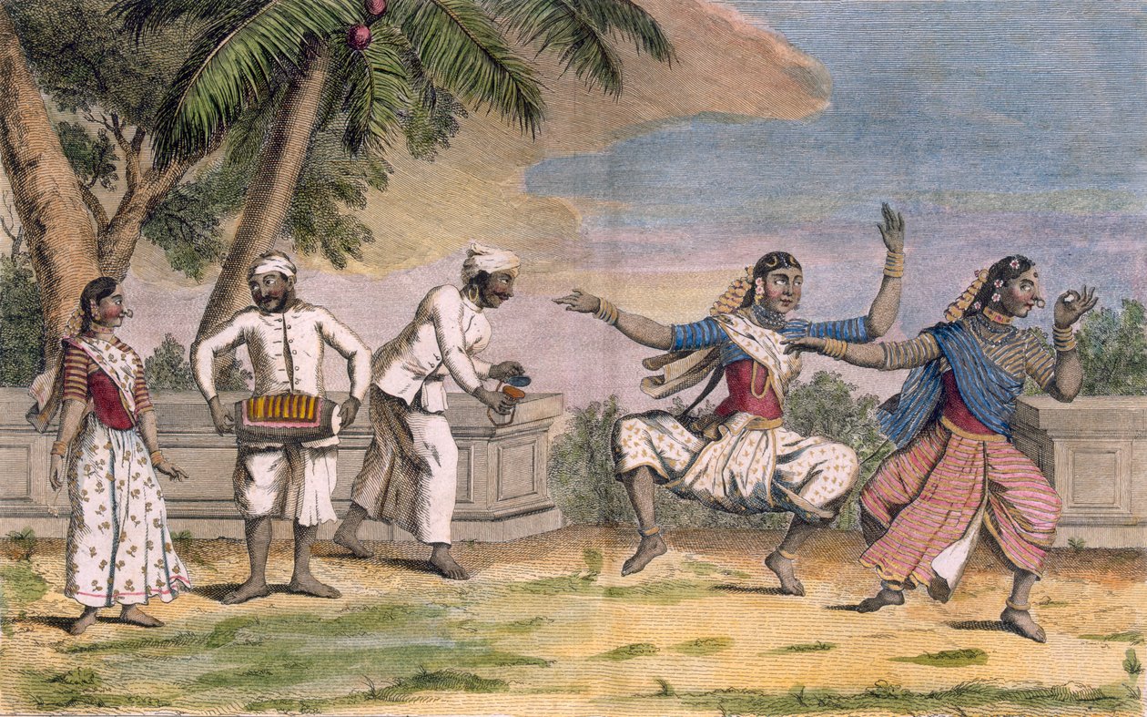 Une troupe de bayadères, ou danseuses indiennes, avec des musiciens masculins, illustration de 