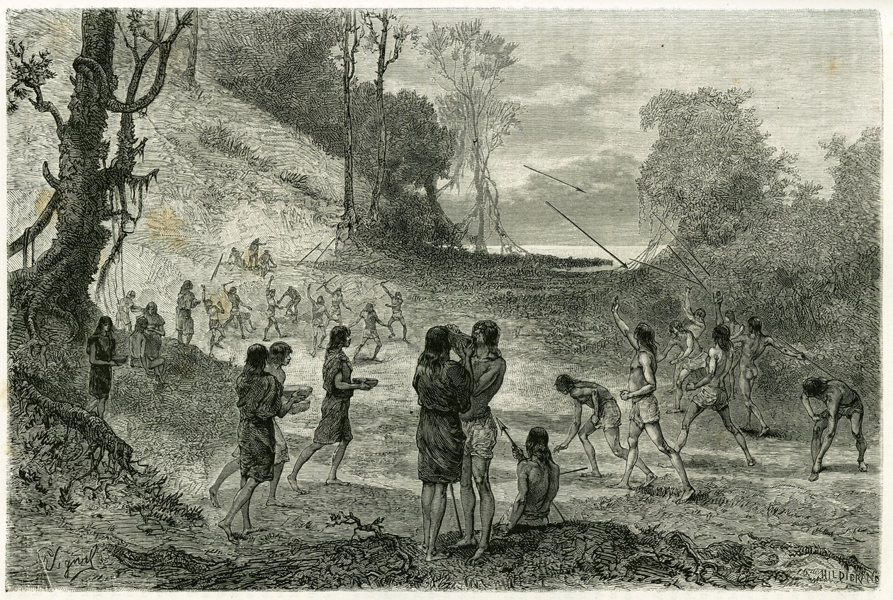 Jeux de javelot entre 2 tribus de Zaparros, les hommes pratiquent et les femmes tournent autour des joueurs sans crainte et leur servent des boissons. Gravure par Vignal, pour illustrer l
