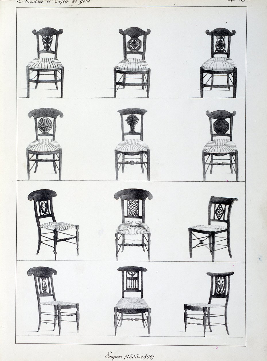 Différents modèles de chaises du Premier Empire (1805-1806). Planche tirée de la collection « Collection de meubles et objets de goût » de Pierre de la Mésangère (1761-1831). Paris. Arts décoratifs - Pierre de La Mesangere