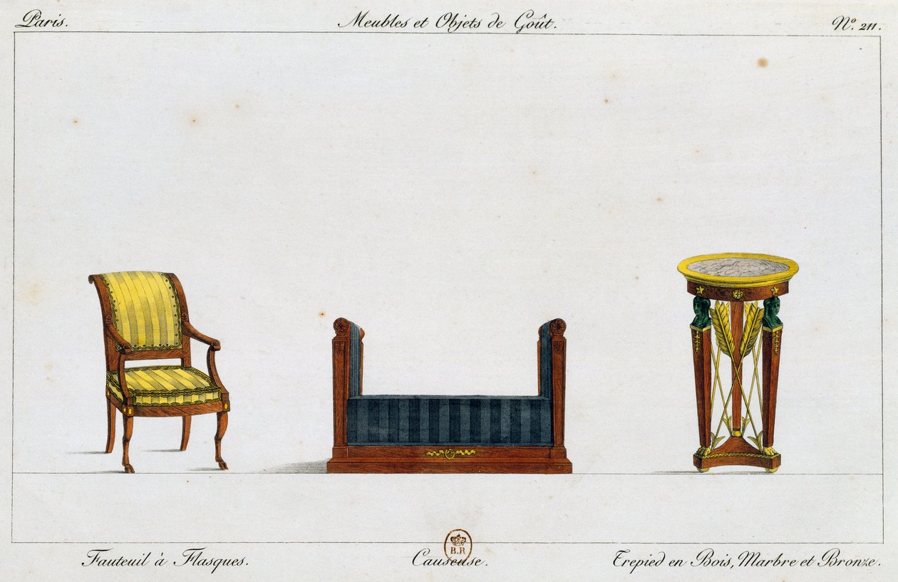 Fauteuil à oreilles, canapé et table tripode, planche 211, illustration de Collection de meubles et objets de goût - Pierre de La Mesangere