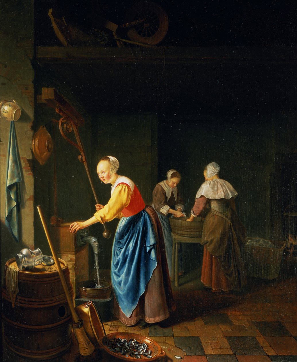Scène de cuisine avec une servante puisant de l