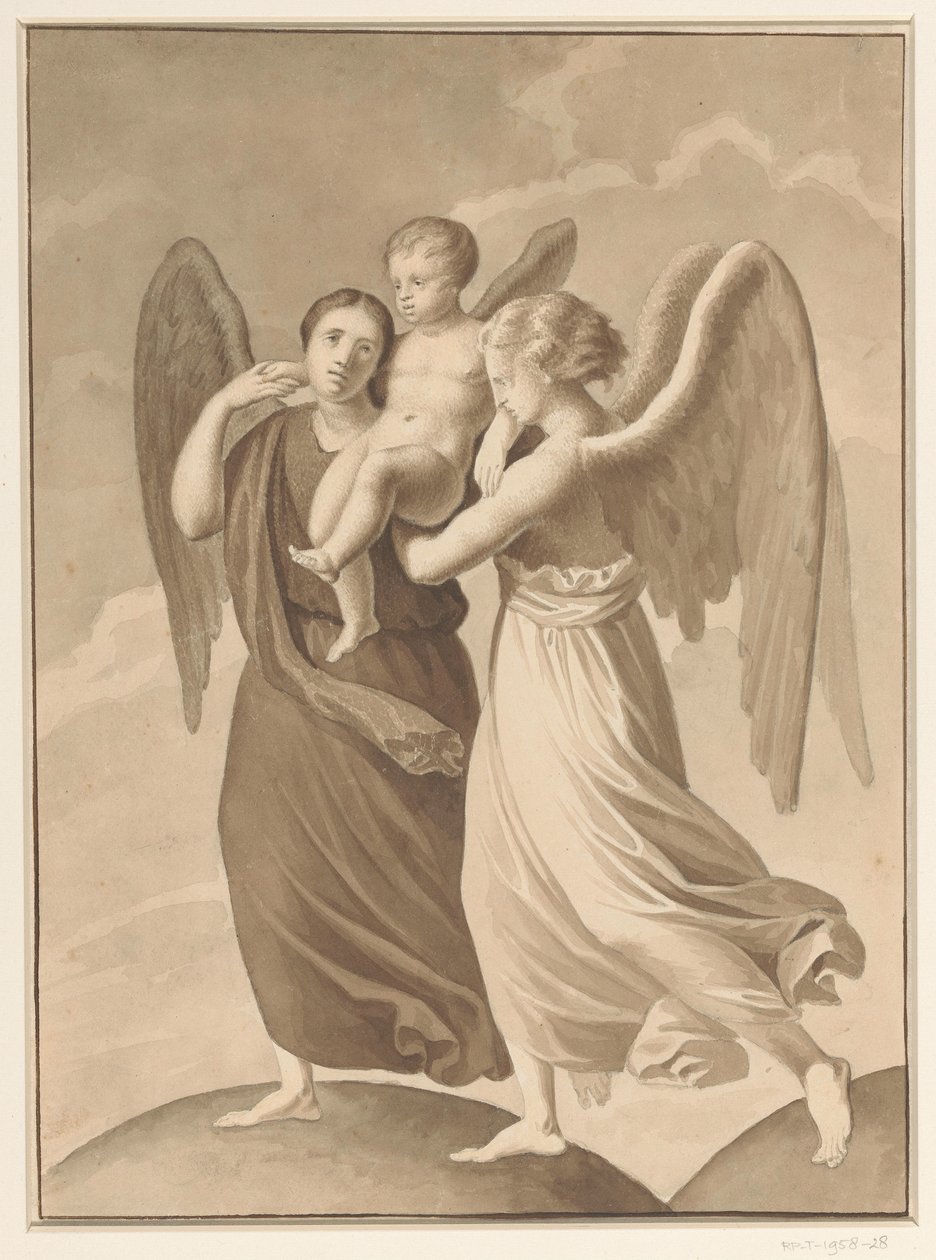 Deux anges portant un enfant à travers la séparation de deux mondes représentés comme des sphères - Pieter Christoffel Wonder