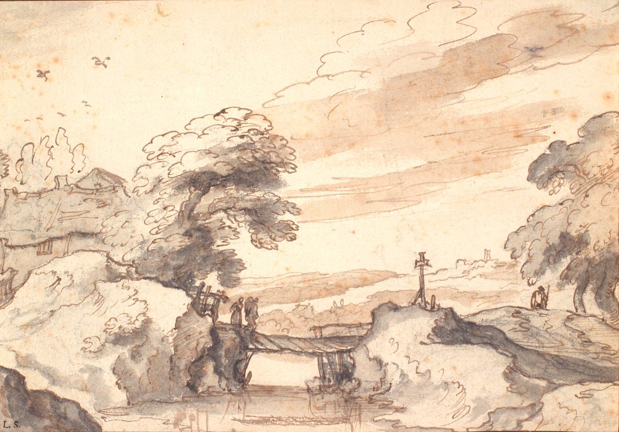Paysage avec un vieux pont sur un ruisseau - Pieter Dircksz van Santvoort
