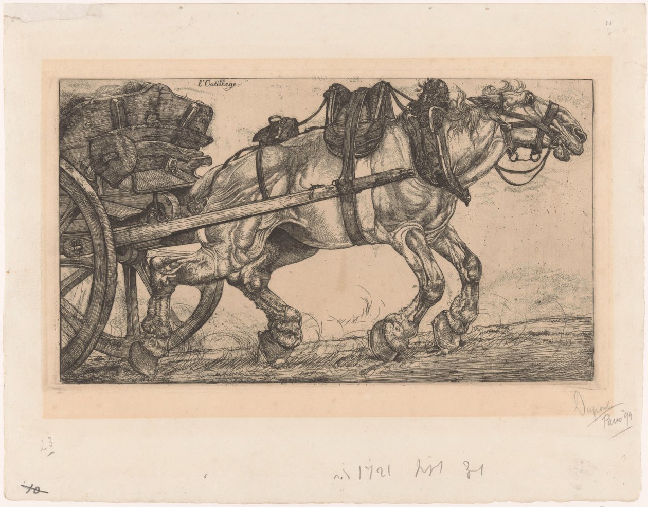 Cheval de trait devant une charrette (L