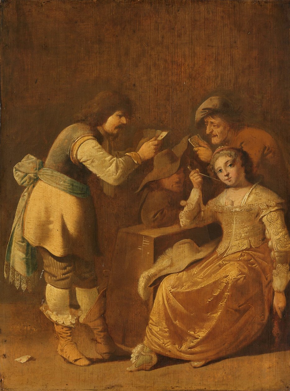Joueurs de cartes avec une femme fumant une pipe - Pieter Jansz Quast