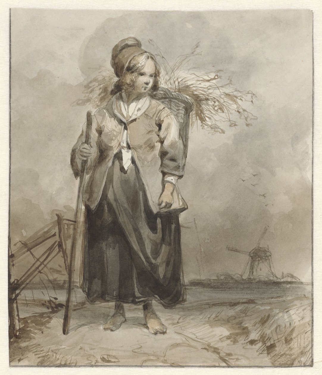 Femme debout avec bâton et panier sur le dos - Pieter Marinus van de Laar (attributed to)
