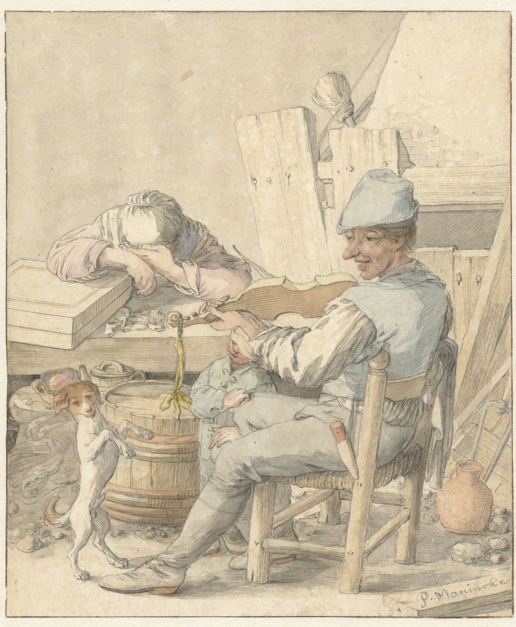 Intérieur avec homme jouant du violon, femme endormie et chien dansant - Pieter Moninckx