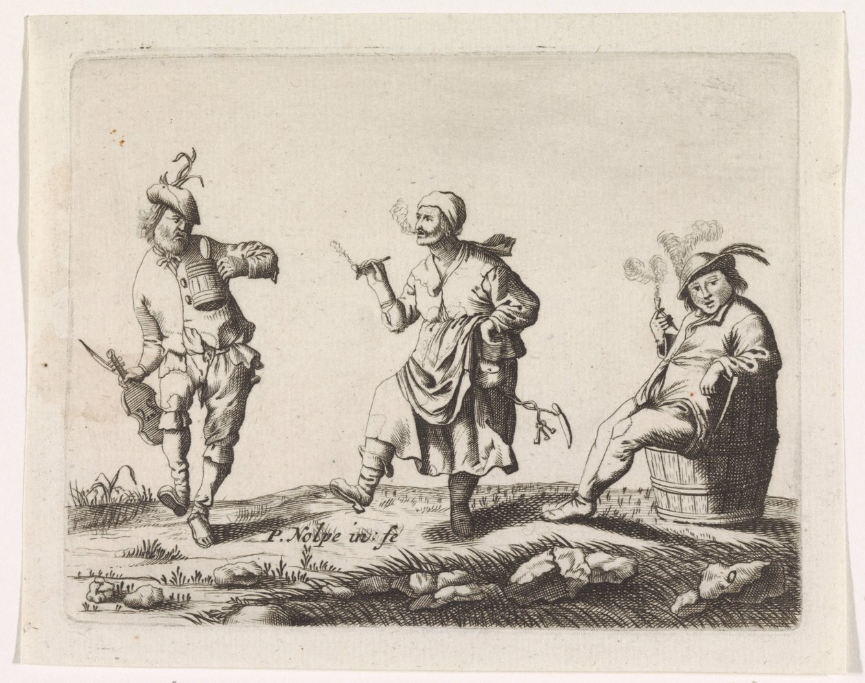 Paysans dansant et un homme sur un tonneau - Pieter Nolpe