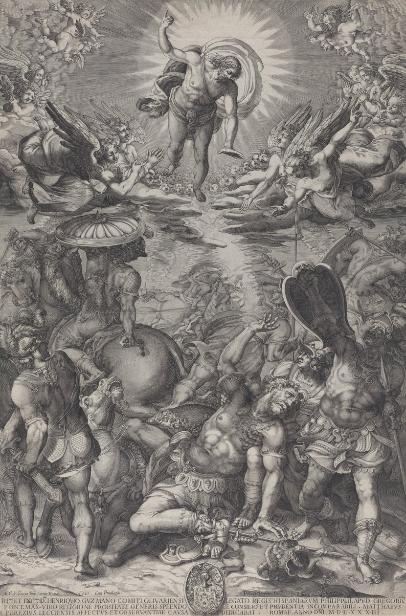 La conversion de Saul, qui gît sur le sol entouré de chevaux et de soldats alors que le Christ, 1583 - Pieter Perret