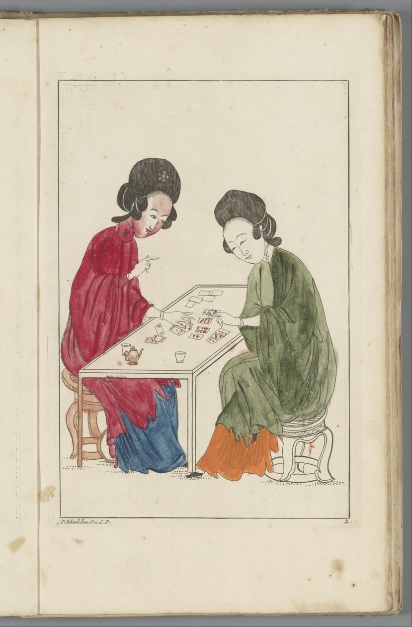 Deux femmes chinoises jouent à un jeu de cartes - Pieter Schenk (II) (possibly)