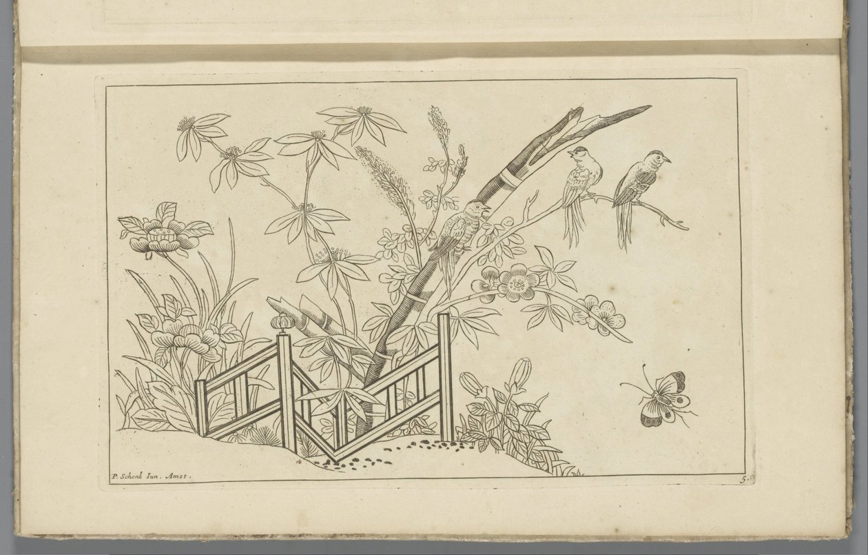 Trois oiseaux dans un arbre en fleurs - Pieter Schenk (II)