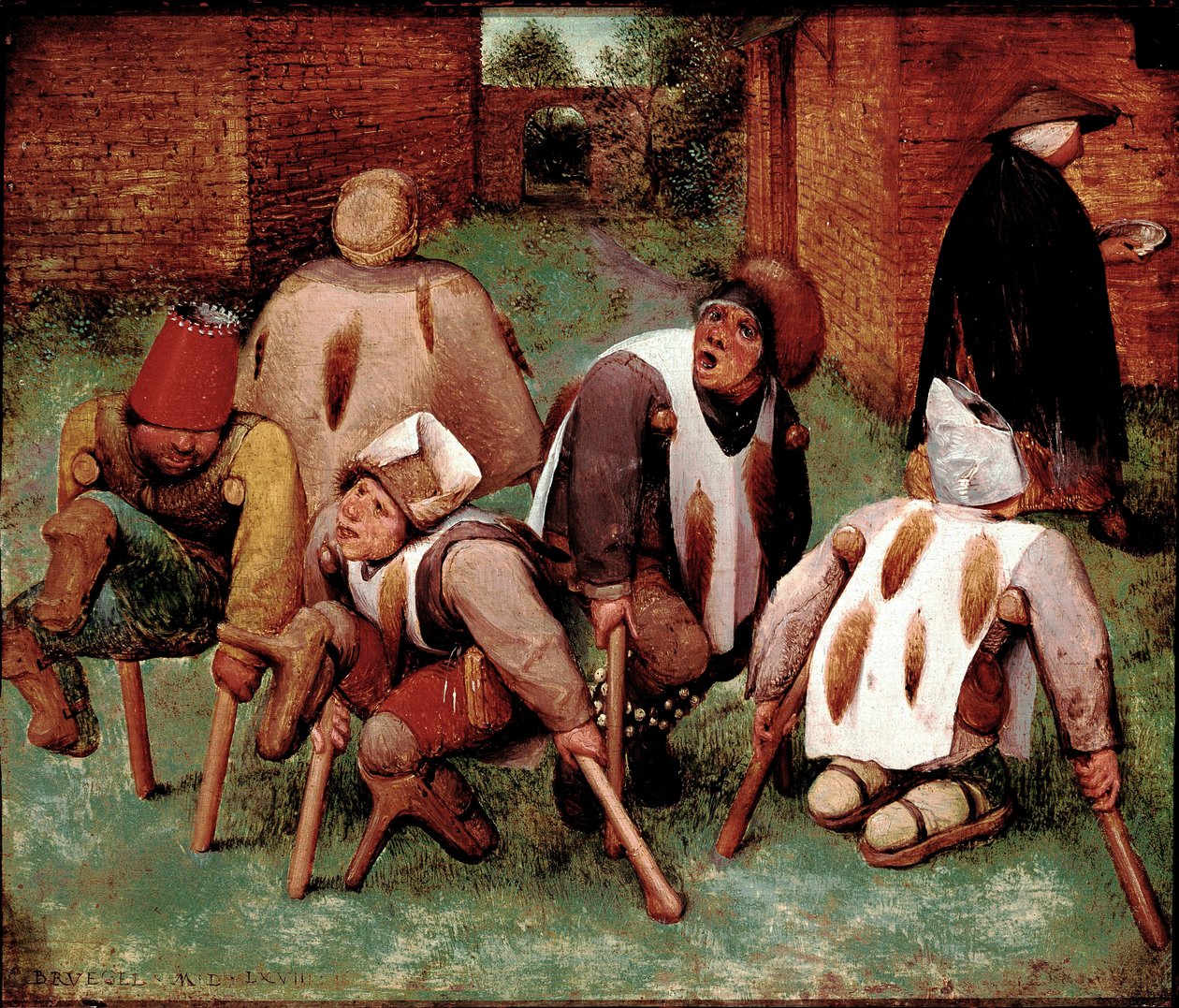 Les estropiés Groupe de personnages handicapés, cul-de-jatte. Peinture de Pieter Bruegel l